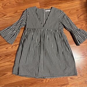 Zara Black and White Checkered Mini Dress Tunic V-Neck with Pockets size XS